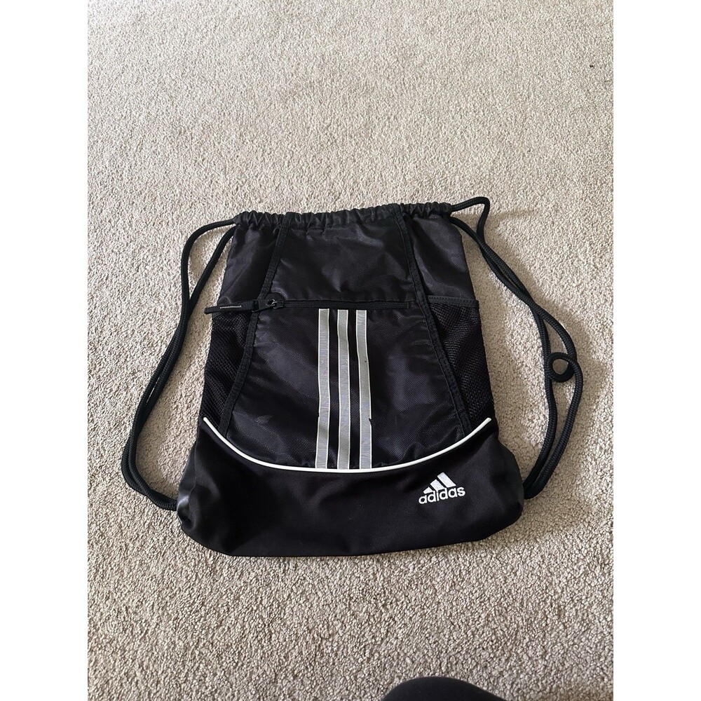 Adidas Black Cinch Bag Drawstring Backpack Gym Sports Workout Bag Zipper Pocket